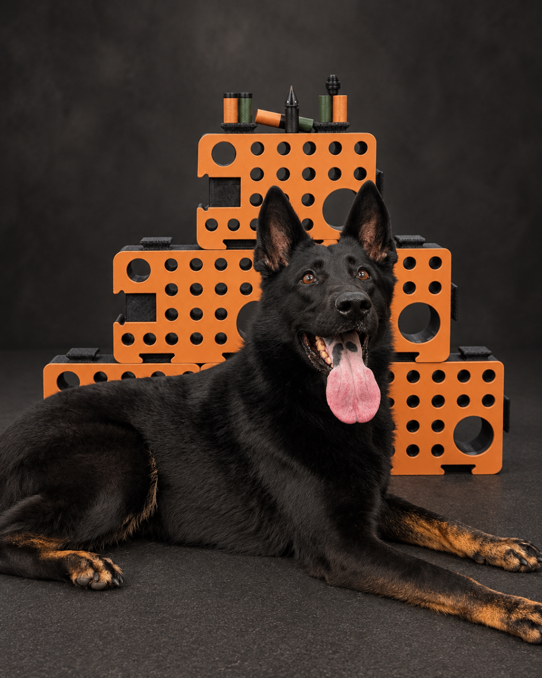 A black German Shepherd lying in front of a stacked pyramid of orange and black D-Blocks with scent tubes on top